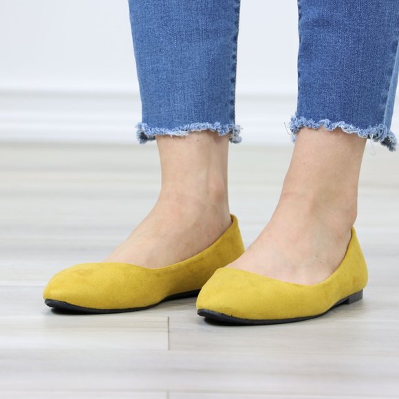 Mustard Yellow Faux Suede Wide Pointy Toe Slip On Flat Shoes - Picture 12 of 12